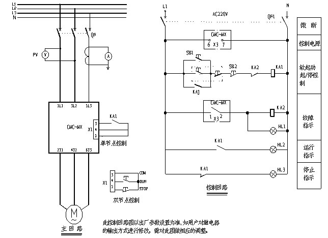 CMC-MX內(nèi)置旁路軟起動器基本接線原理圖、三角形內(nèi)接連接圖和典型應(yīng)用接線圖(圖3)